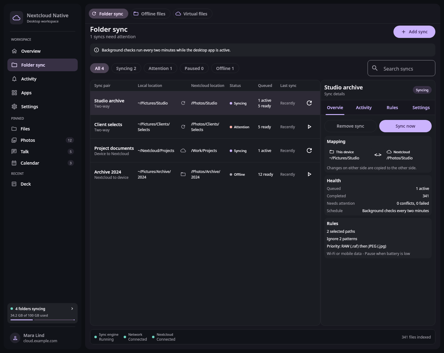 Nextcloud Native desktop folder sync center showing several synthetic folder pairs, live progress, a conflict, and a detailed inspector