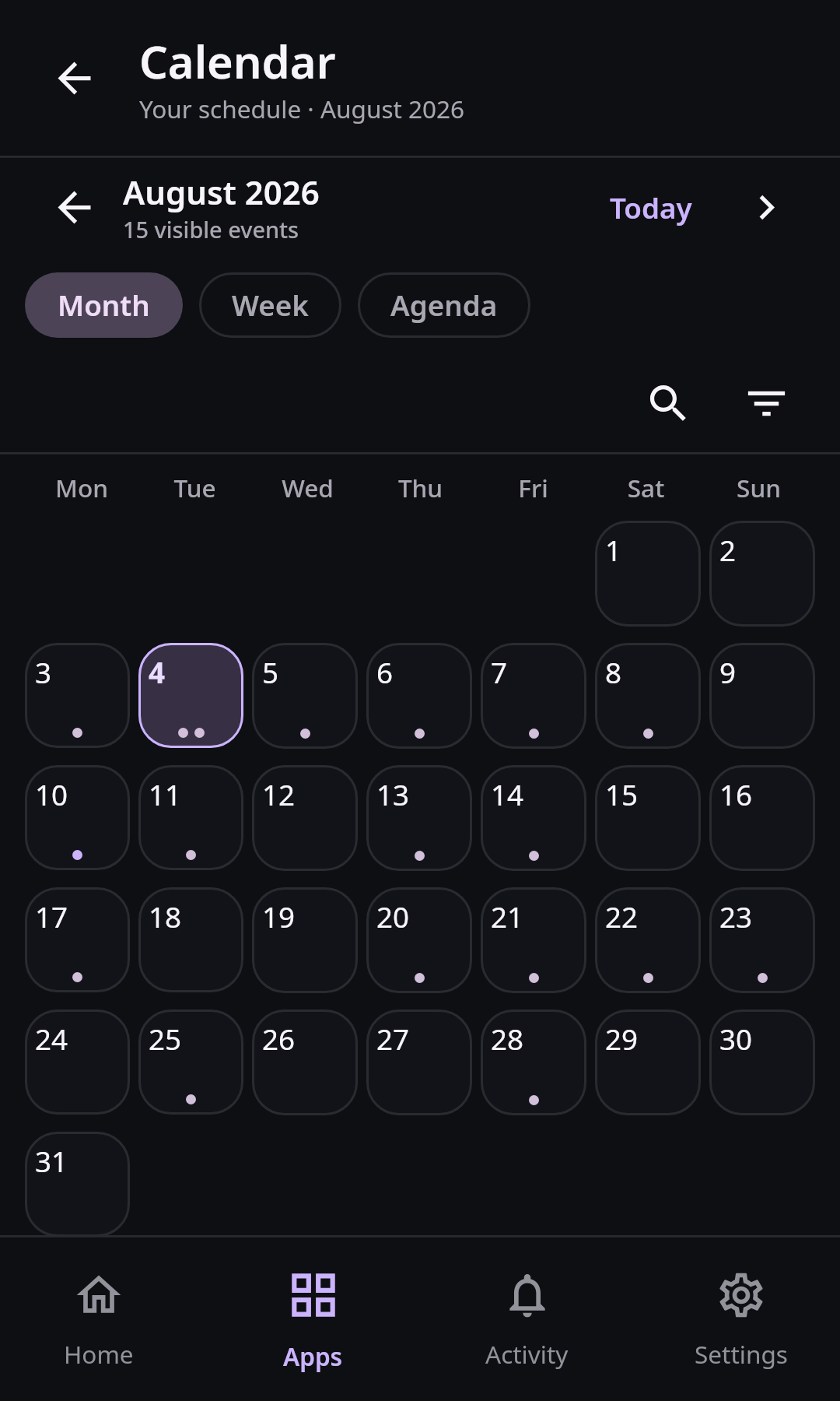 Nextcloud Native Android Calendar month view with previous and next navigation, Today, visible events, selected date, source labels, refresh, and add action