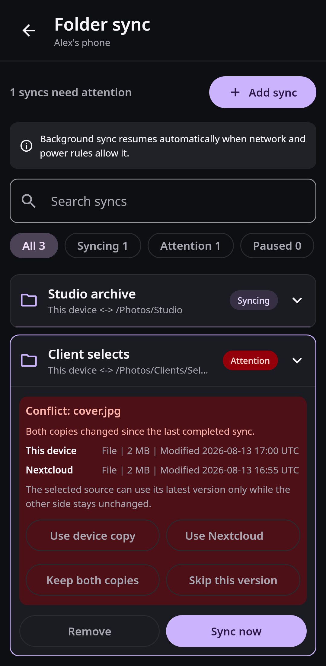 Nextcloud Native Android folder-sync center showing pair direction, queued work, last run, background schedule, conflicts, failures, and recovery actions