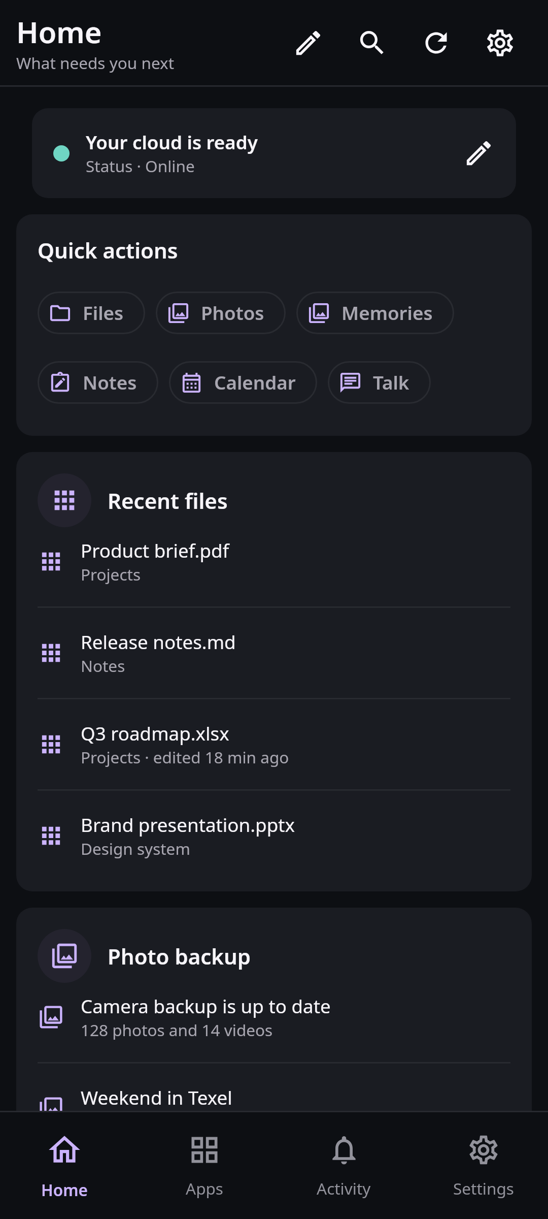 Nextcloud Native Android Home screen showing the connected account status, quick actions, recent files, upcoming events, photo backup, and conversations