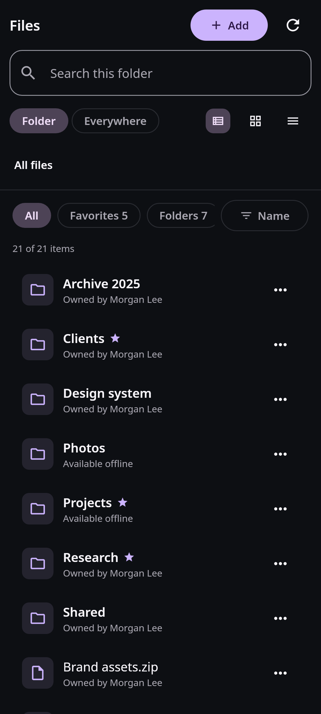 Nextcloud Native Android Files workspace showing cloud folders and documents with favorites, previews, transfer state, and offline availability indicators