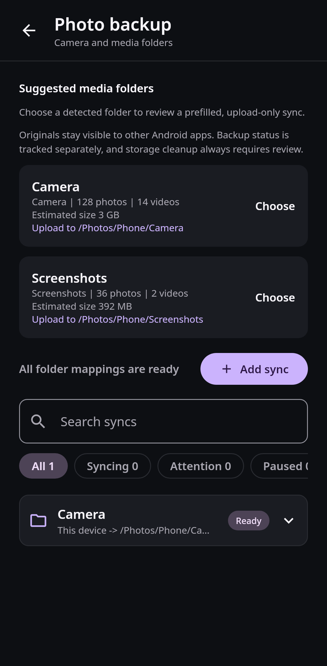 Nextcloud Native Android Photo backup screen showing detected Camera and Screenshots folders, item counts, estimated sizes, and proposed Nextcloud destinations