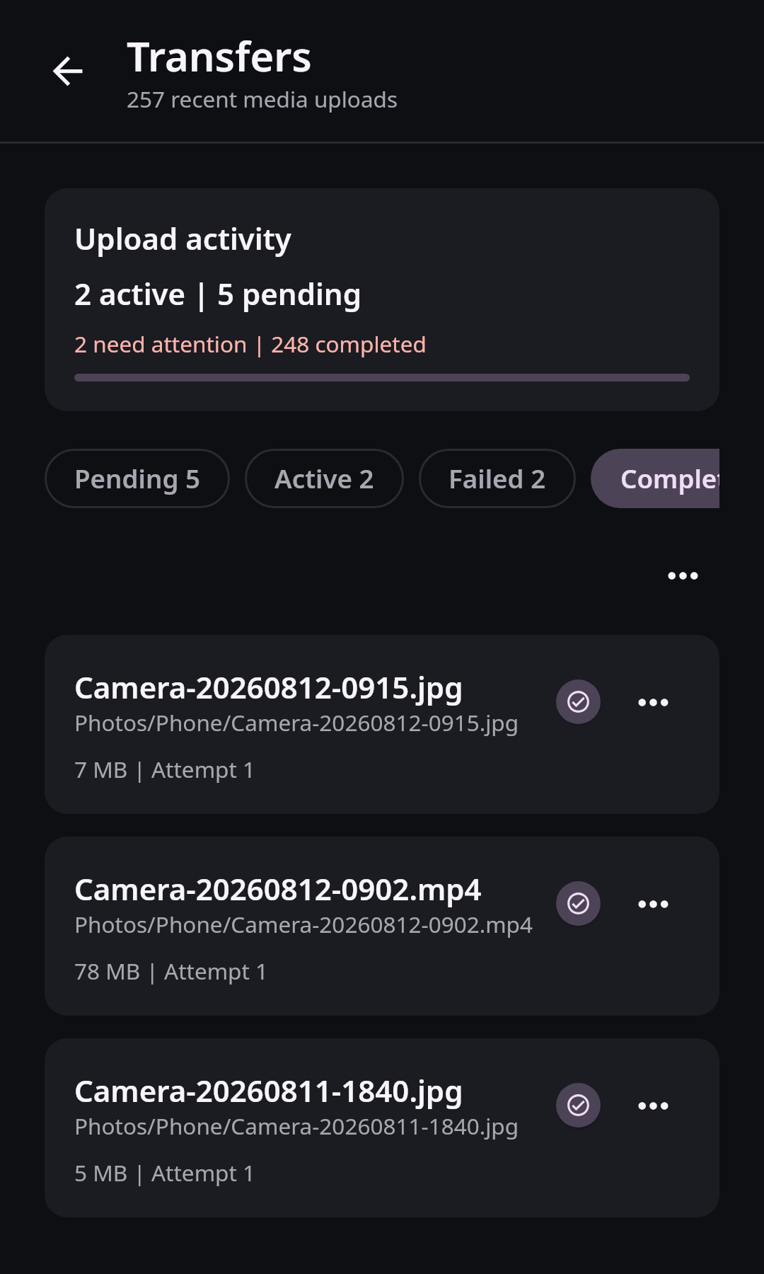 Nextcloud Native Android Media transfers with Completed selected and Camera photos and video carrying completed status icons