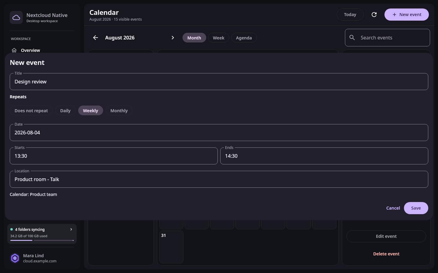 Nextcloud Native desktop event editor with title, recurrence, date, all-day toggle, start and end time, location, description, calendar selection, and Save