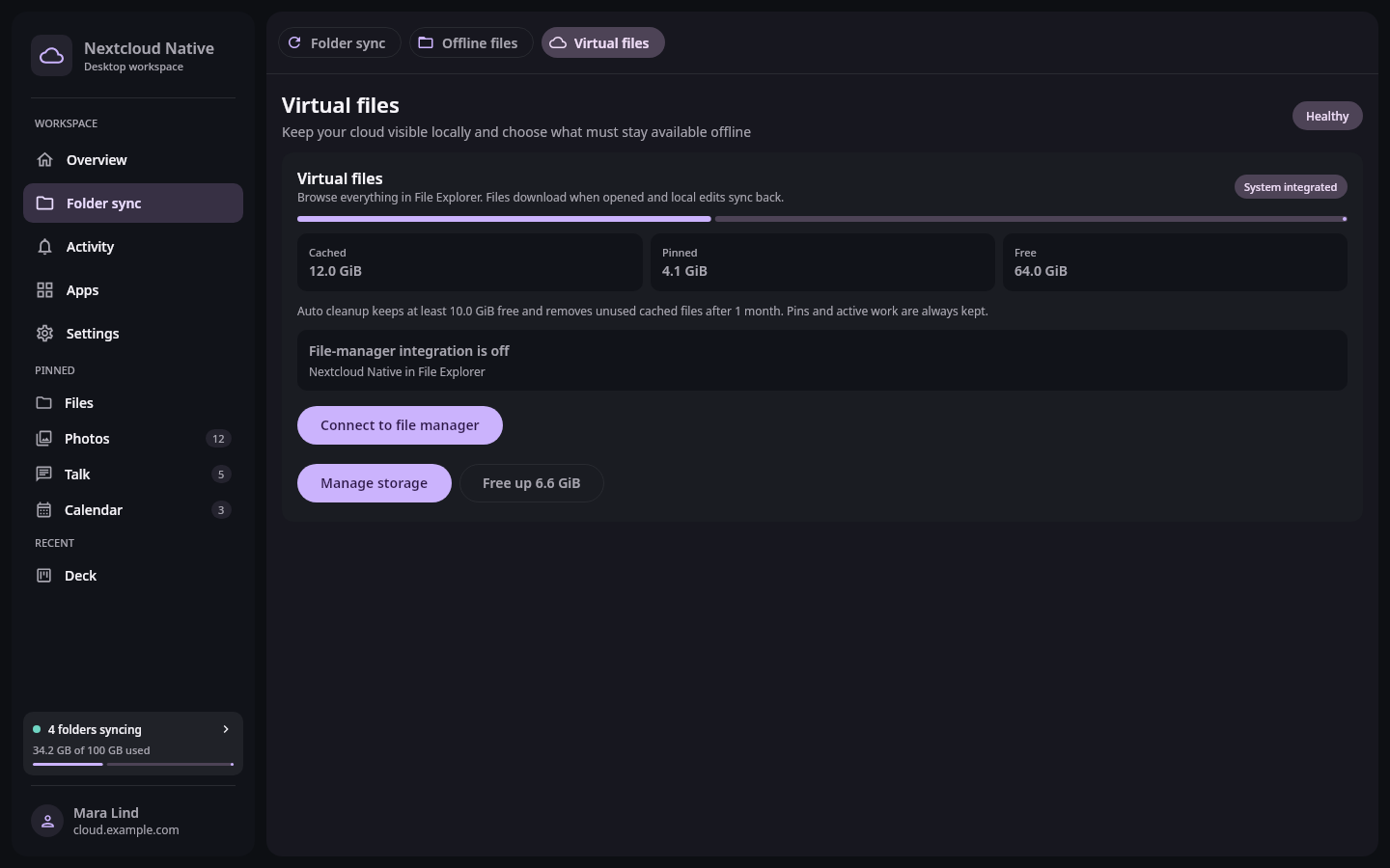 Nextcloud Native Windows sync and storage settings showing virtual files, account storage, local cache, and the system-integration action